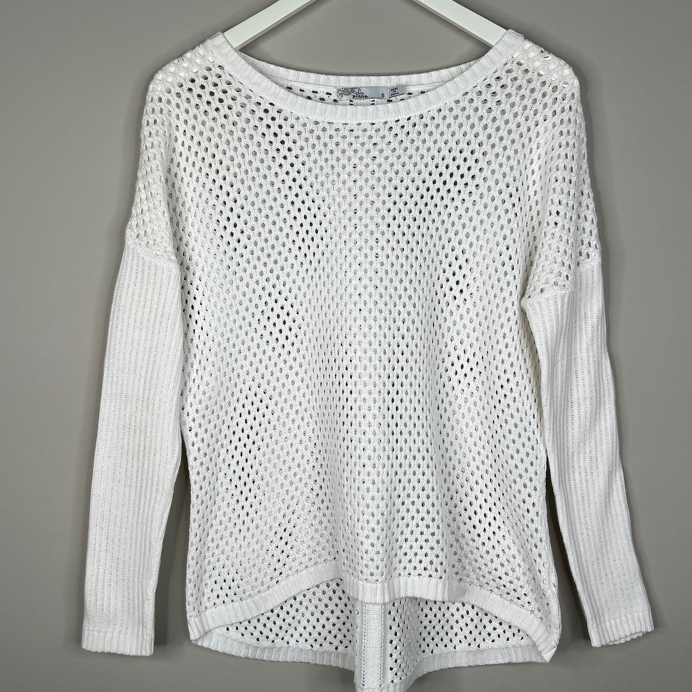 PrAna Organic Cotton Parker open knit crew neck sweater White Women's Sz S - Picture 1 of 9